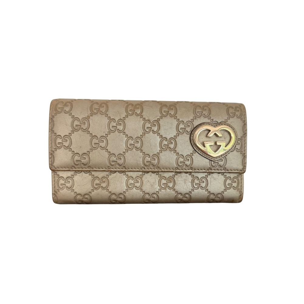Gucci Guccissima Metallic Gold Leather Heart GG Continental Wallet Authentic